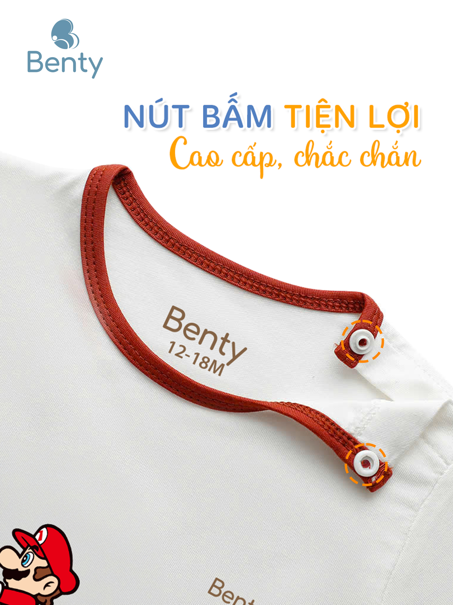 Bộ cộc tay cài vai viền in Mario BENTY BT111, chất mềm mát
