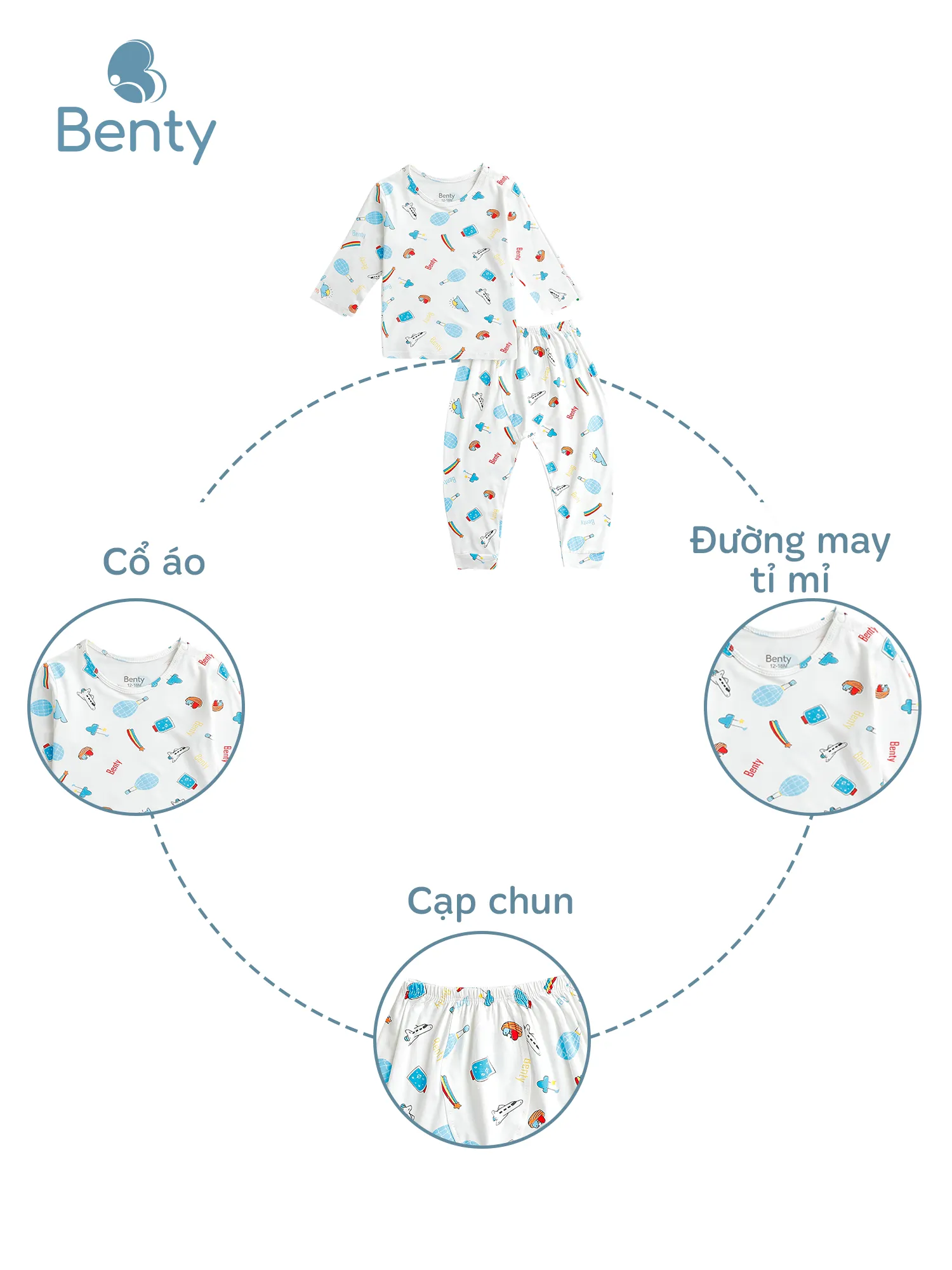 Dài tay cài vai full họa tiết BENTY đồ bộ trẻ em đi chơi
