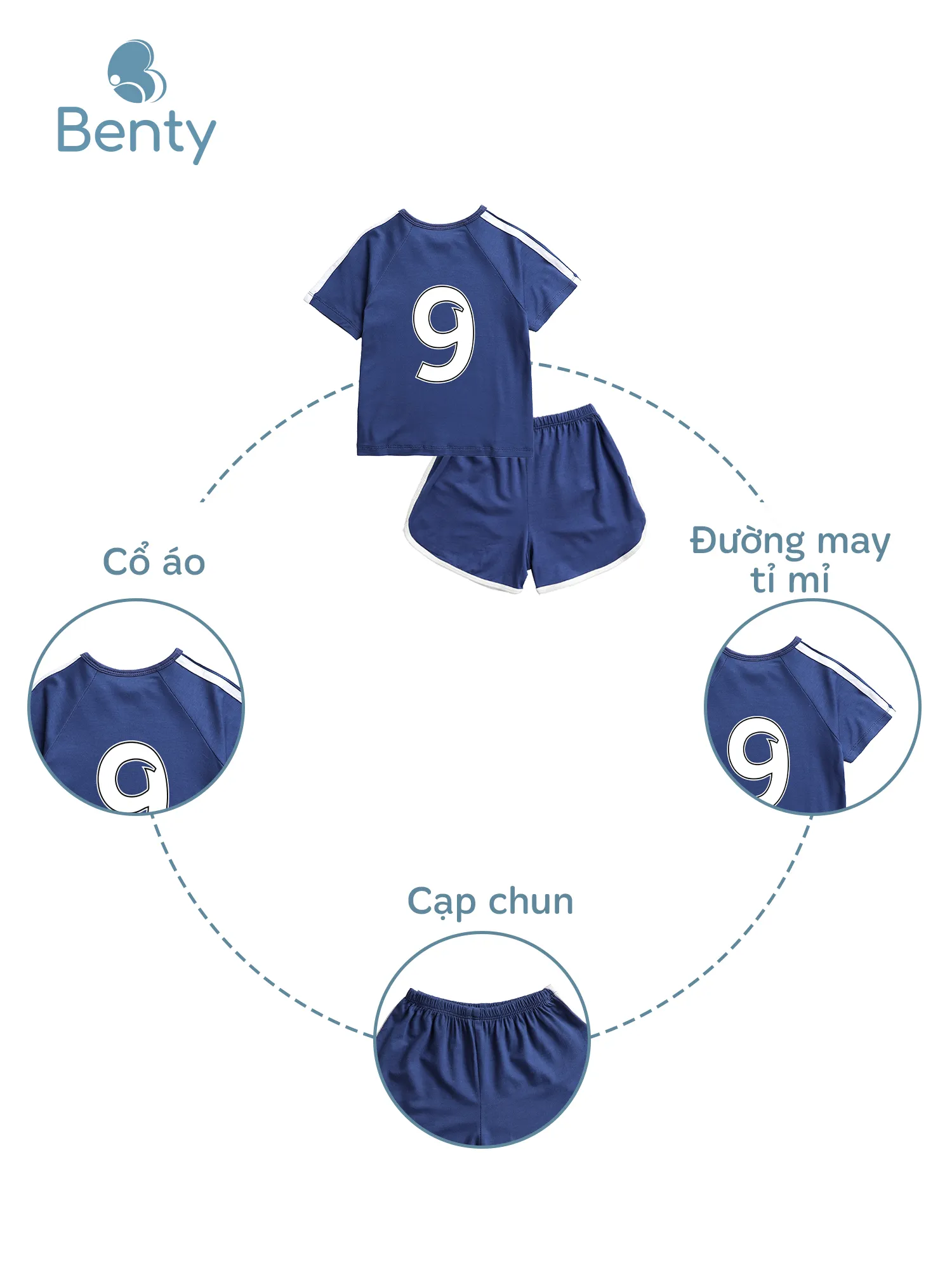 Bộ cộc cài chéo thể thao in số 9 BENTY màu trắng, đồ bộ mát