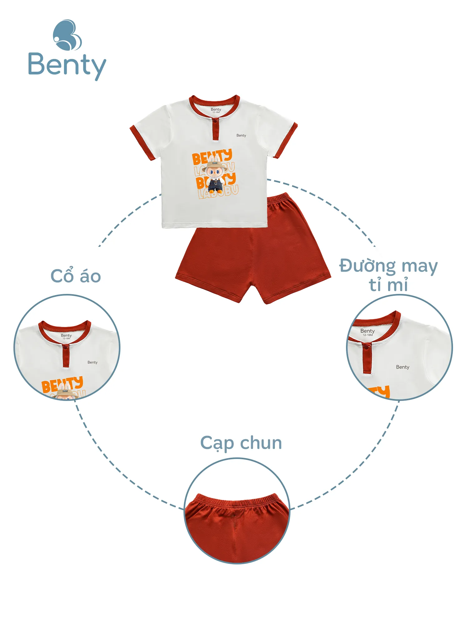 Bộ cộc tay cổ trụ BENTY in BT110, bộ quần áo cho bé mặc điều hòa