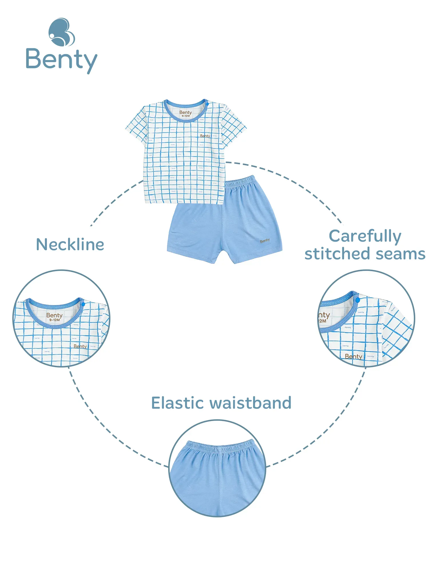 BENTY short sleeve shoulder button plaid set breathable