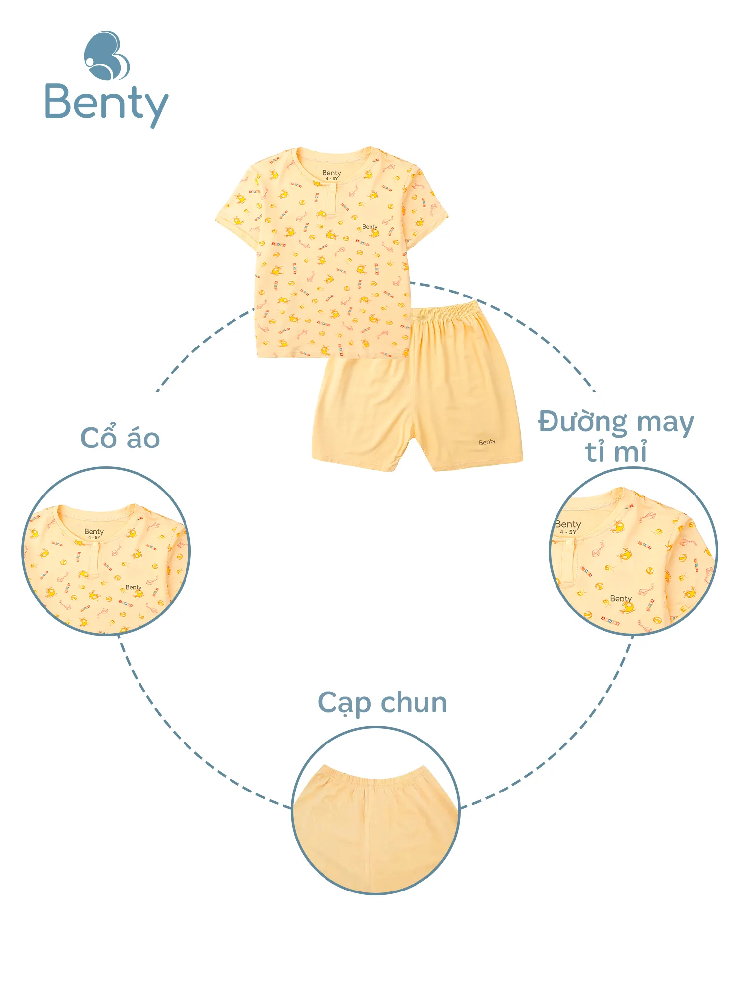 Bộ cộc tay cổ trụ họa tiết BENTY, sang trọng cho bé trai, bé gái