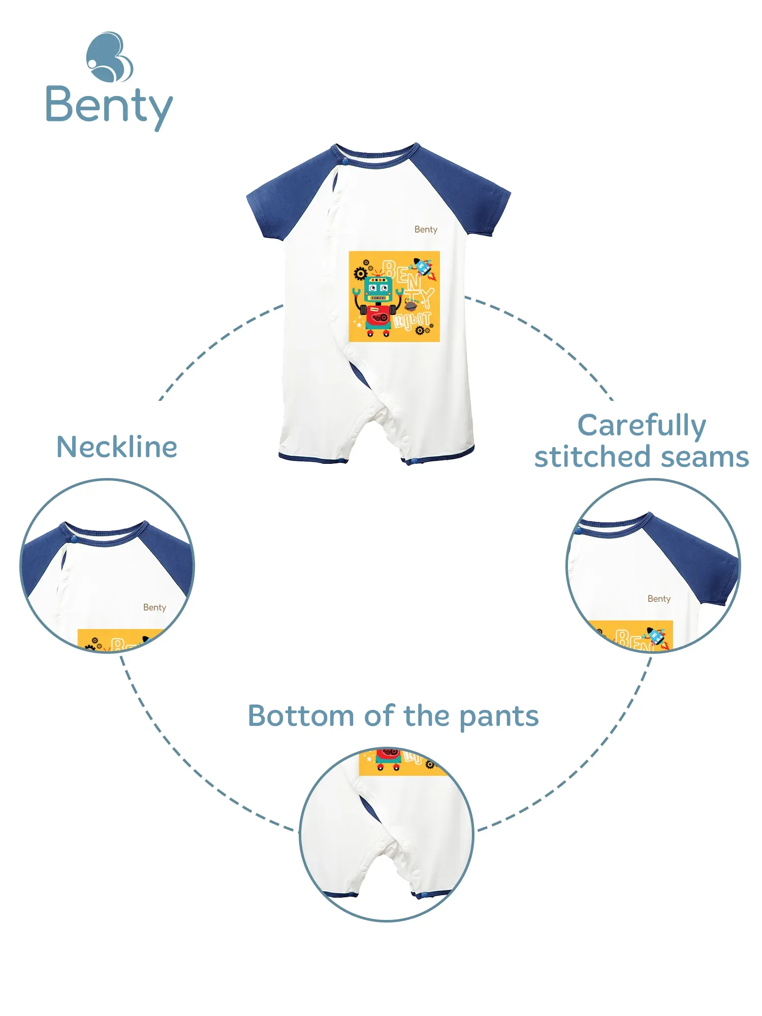 BENTY BT046 asymmetrical snap short-sleeve bodysuit with robot print