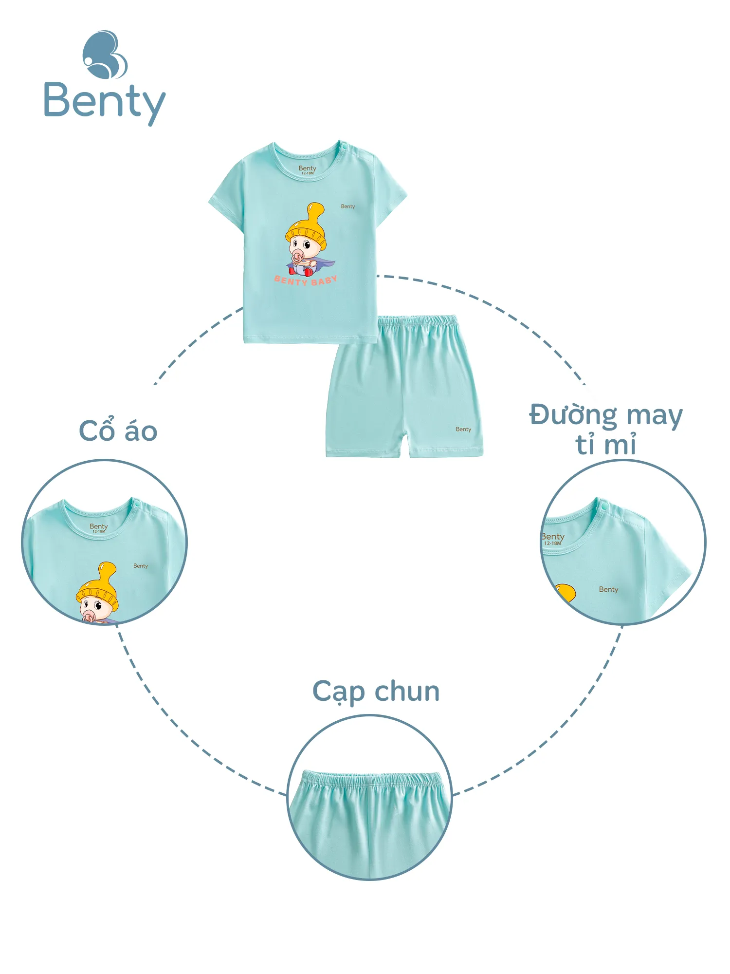 Bộ cộc tay cài vai in baby BT006 BENTY,cho bé mặc điều hòa