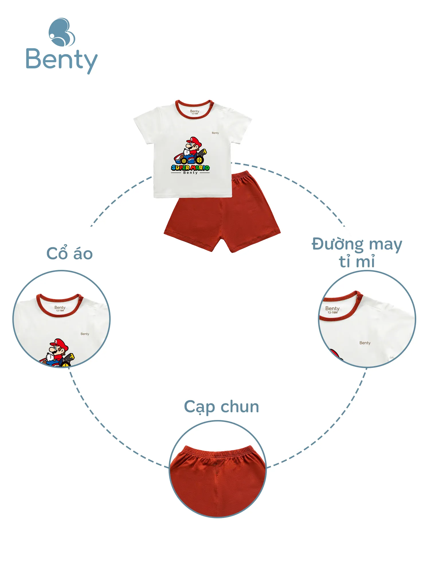 Bộ cộc tay cài vai viền in Mario BENTY BT111, chất mềm mát