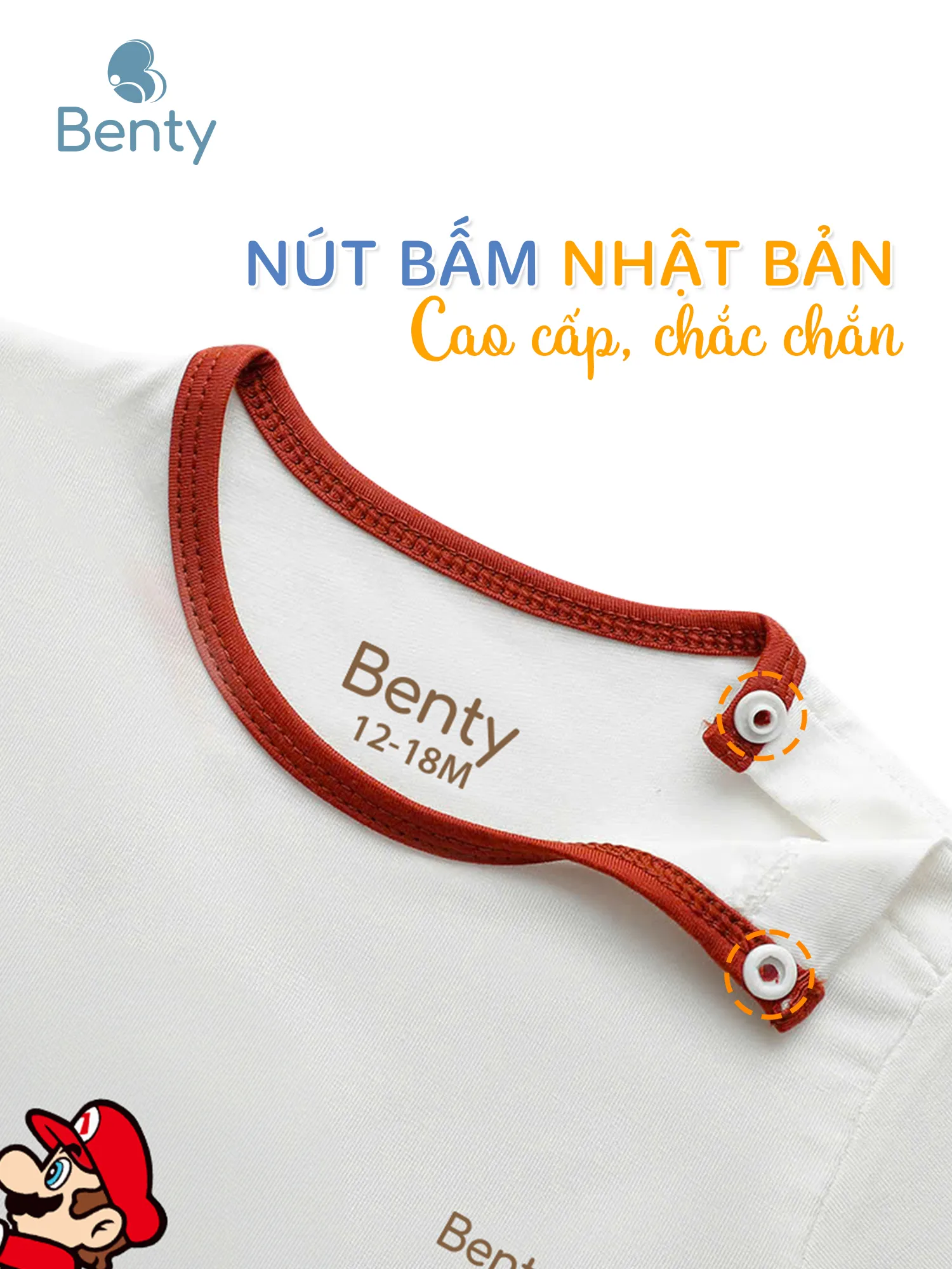 Bộ cộc tay cài vai viền in Mario BENTY BT111, chất mềm mát