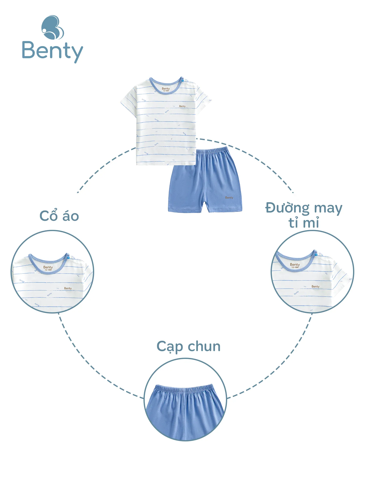 Bộ cộc tay cài vai sọc BENTY co giãn an toàn da bé
