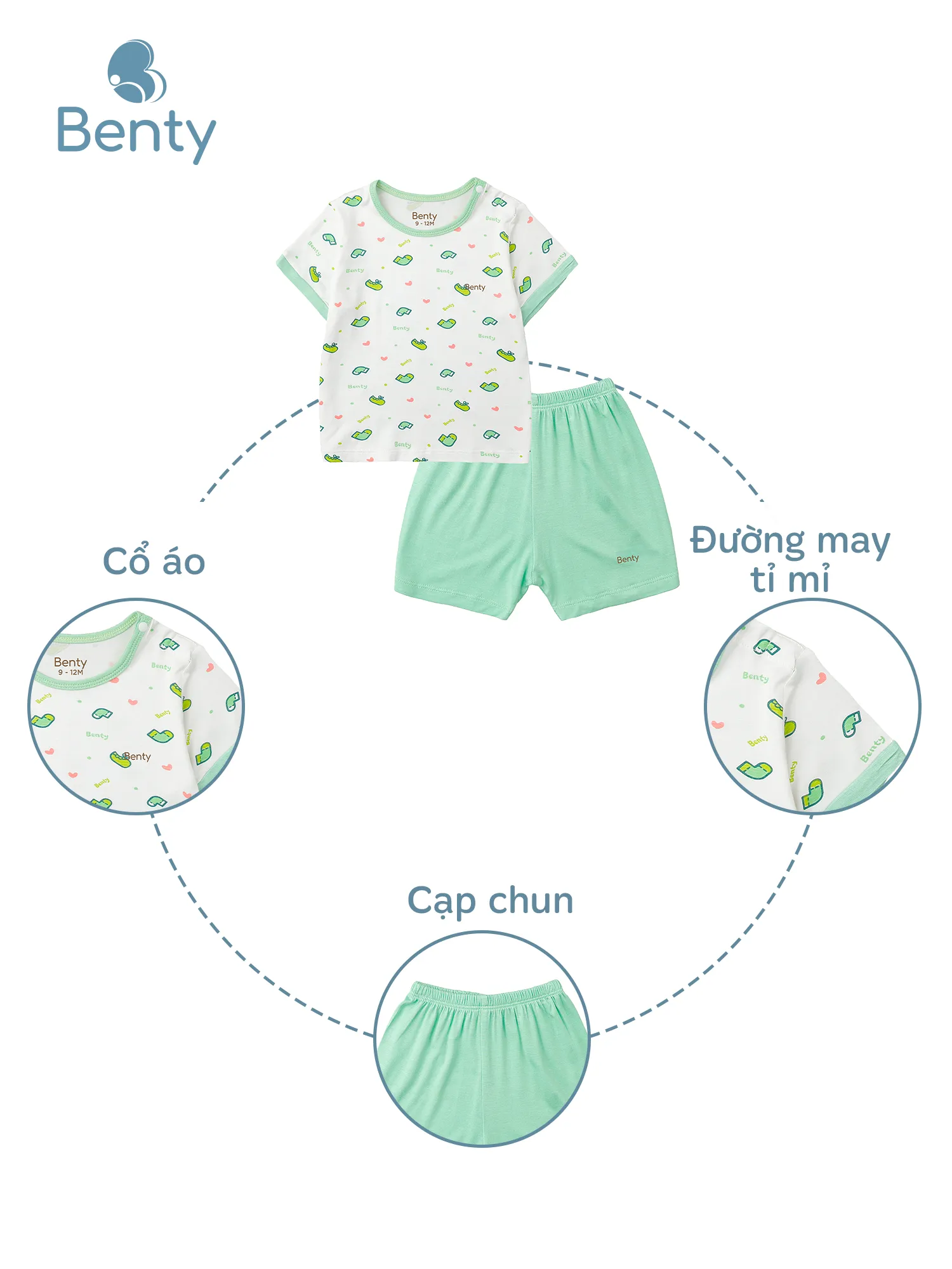 Bộ cộc tay cài vai BENTY họa tiết, đáng yêu cho bé