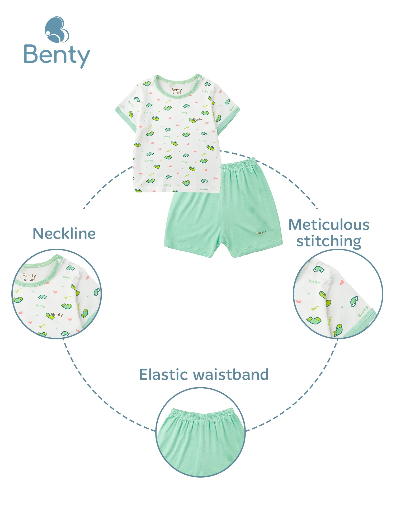 BENTY snap-shoulder short sleeve set, cute printed design