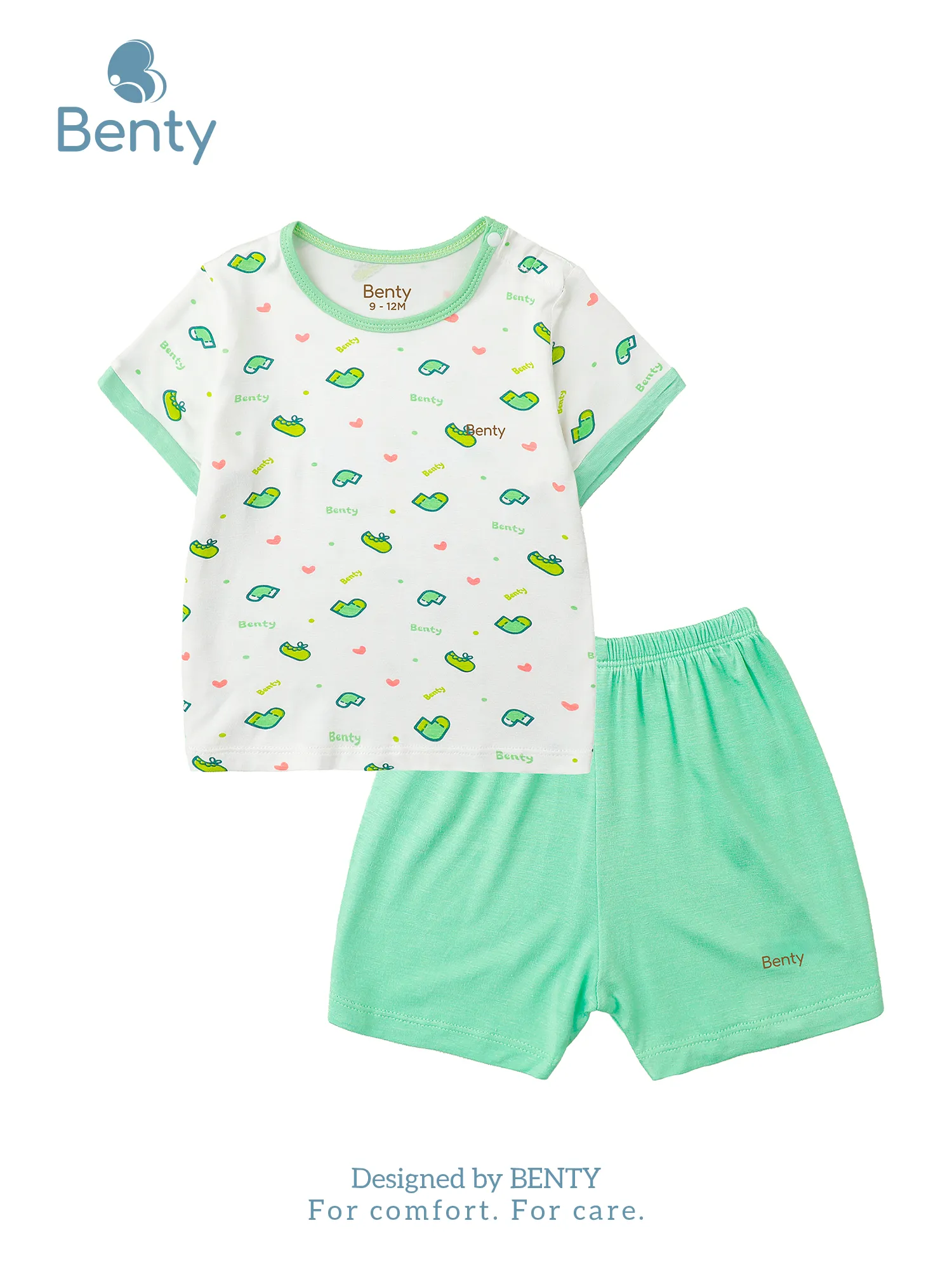 BENTY snap-shoulder short sleeve set, cute printed design