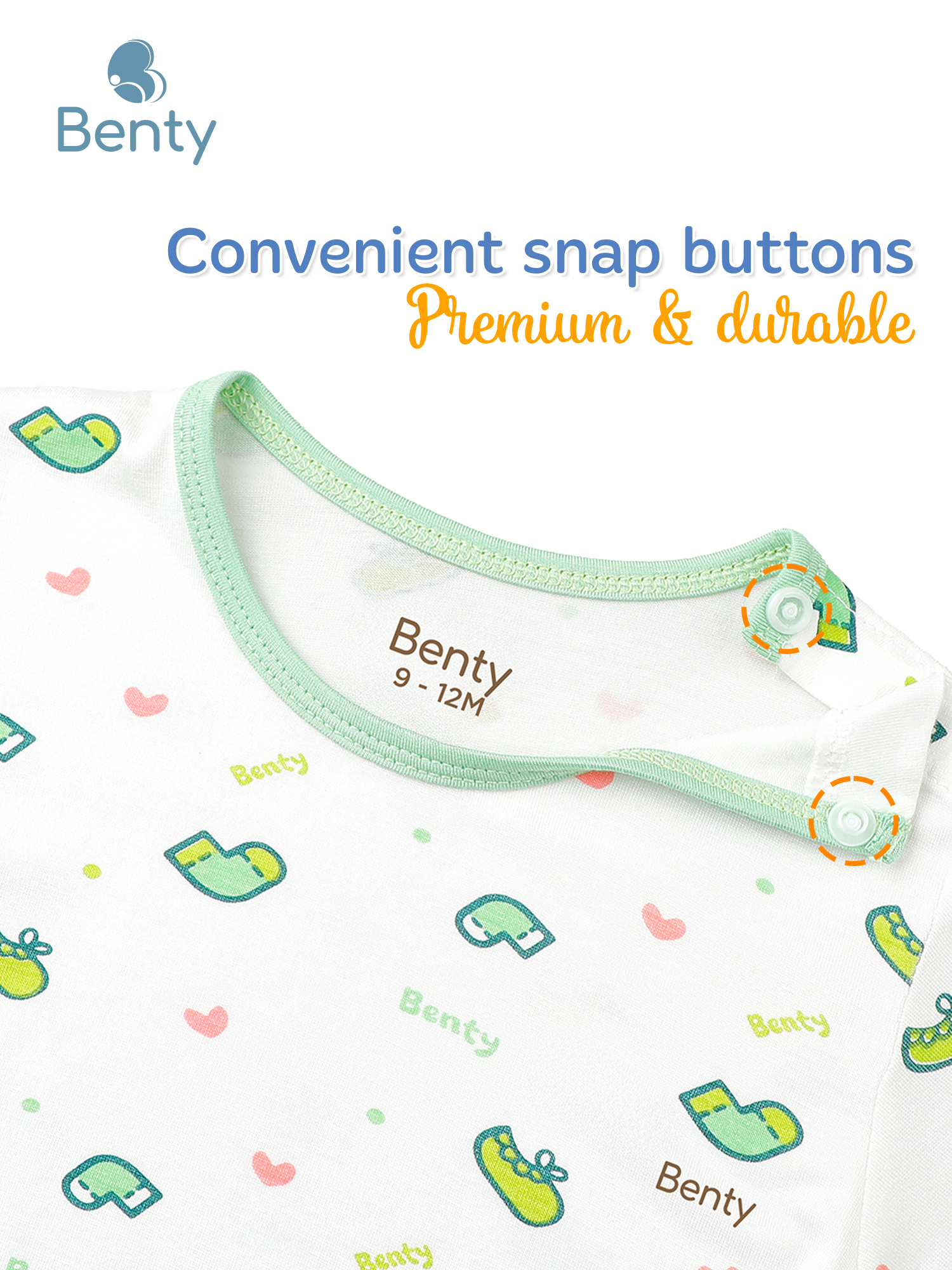 BENTY snap-shoulder short sleeve set, cute printed design