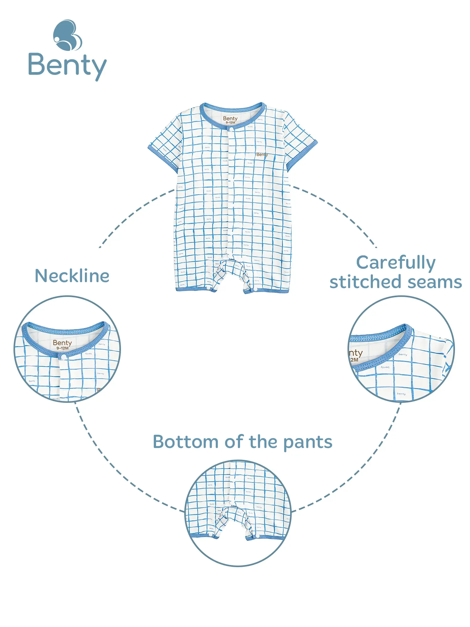 BENTY soft short-sleeved bodysuit with center snap and check pattern