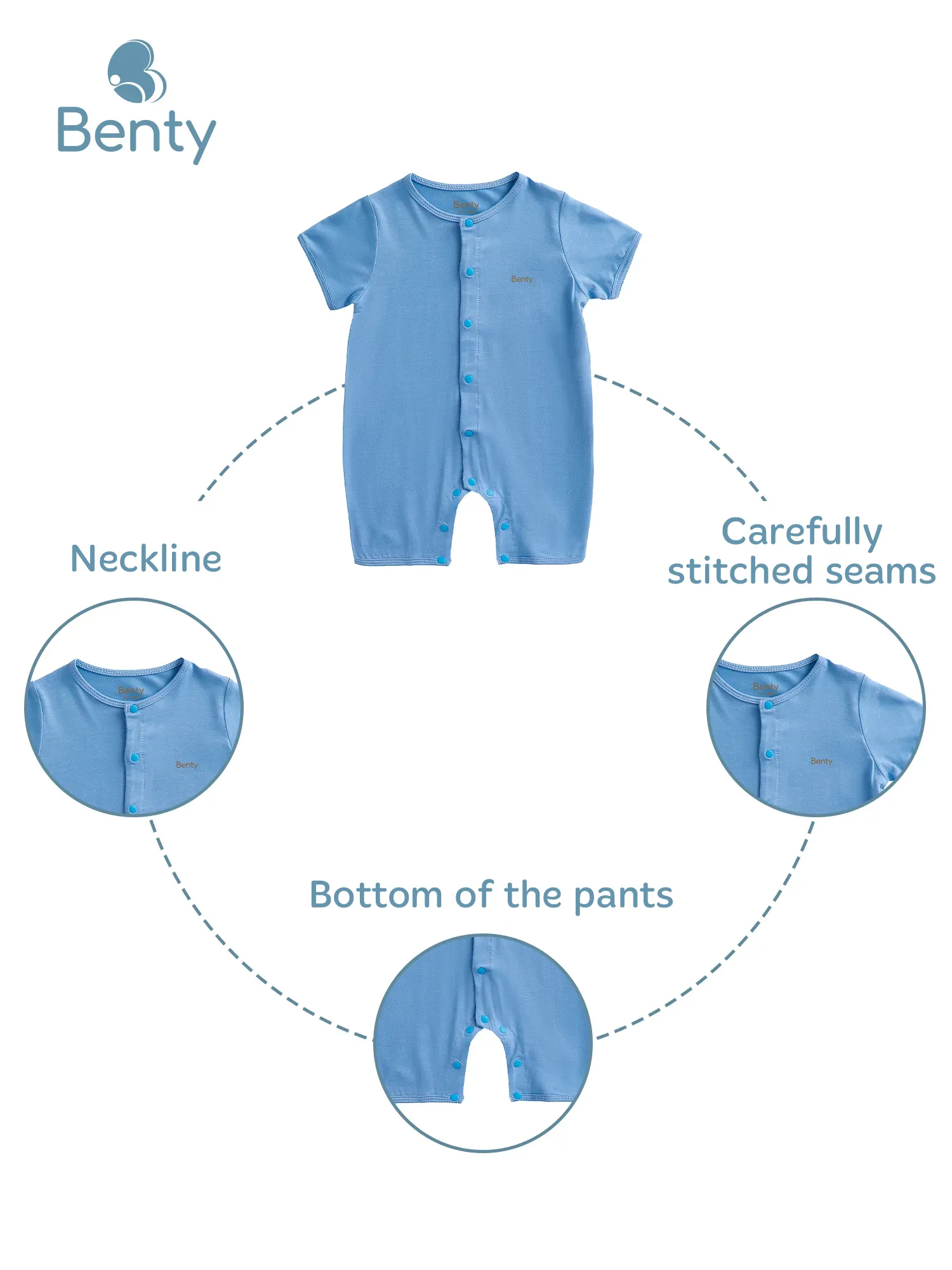 BENTY soft short-sleeved bodysuit with center snaps, skin-safe