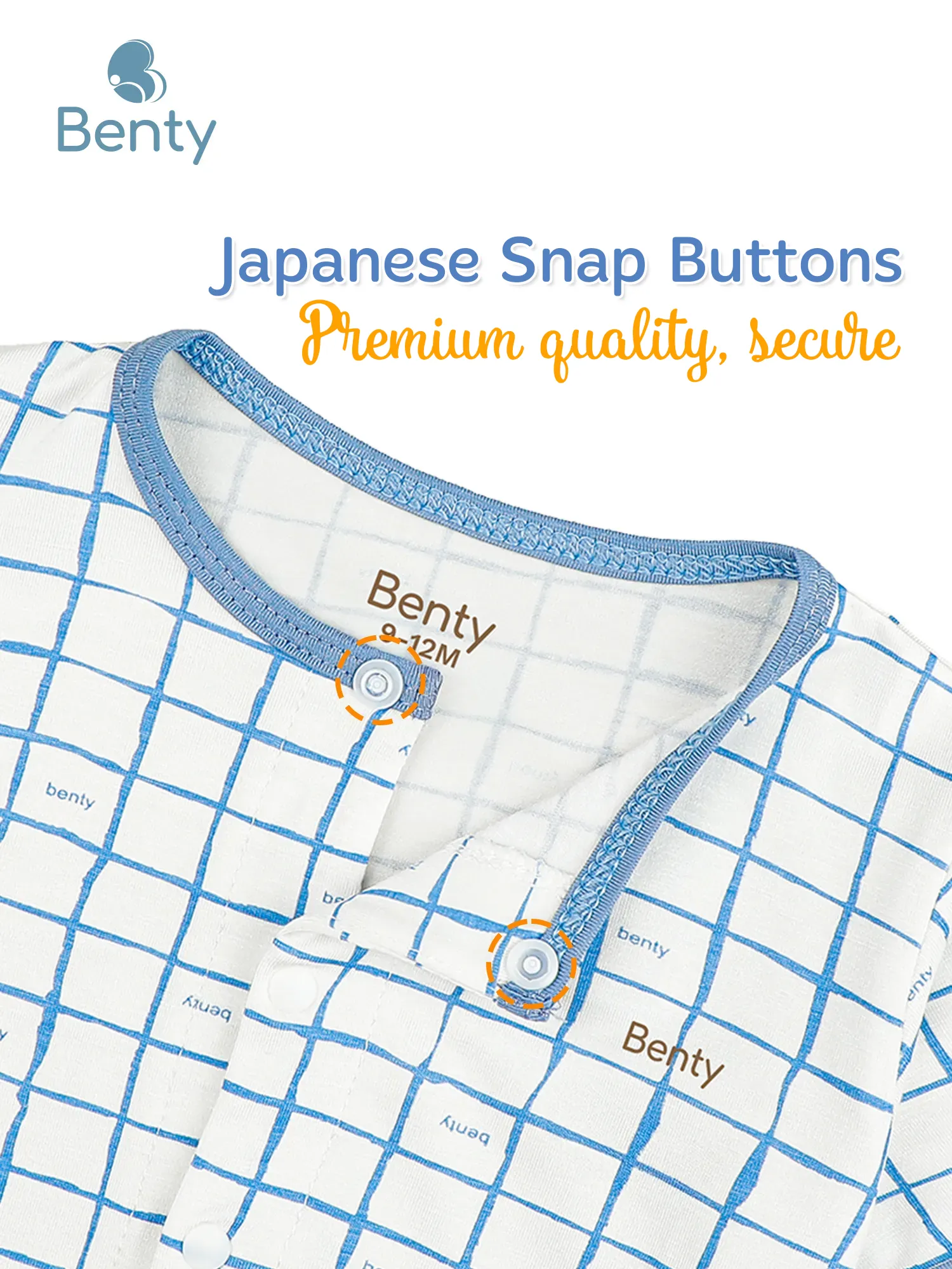 BENTY soft short-sleeved bodysuit with center snap and check pattern