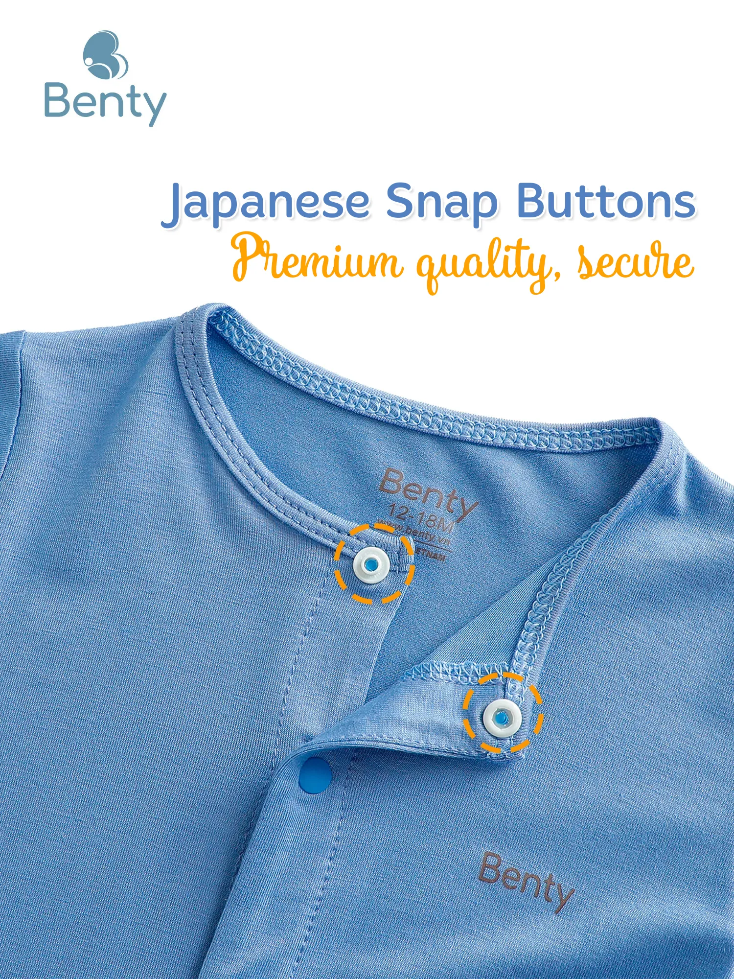 BENTY soft short-sleeved bodysuit with center snaps, skin-safe