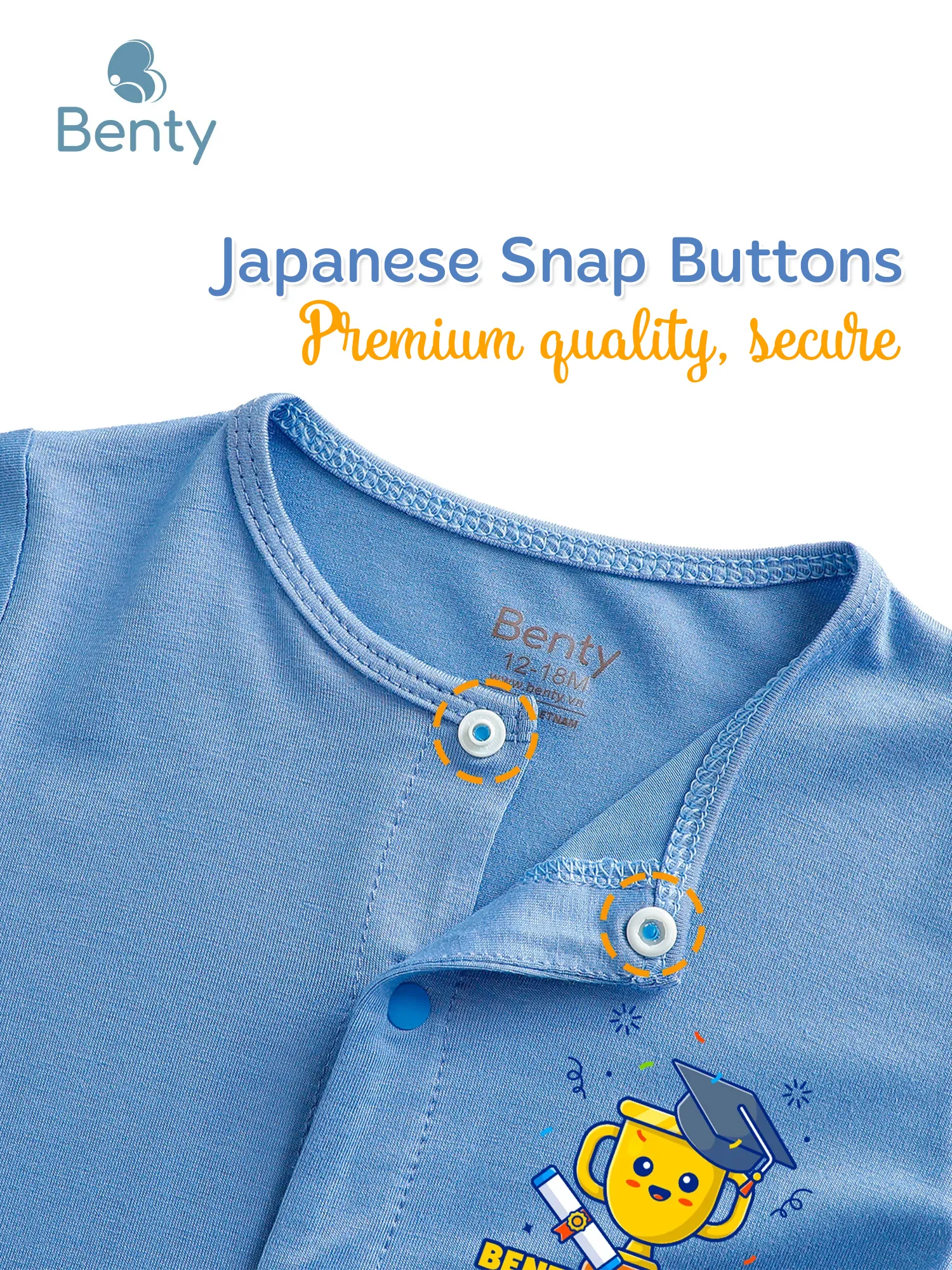 BENTY BT118 champion print short-sleeved bodysuit with center snap closure