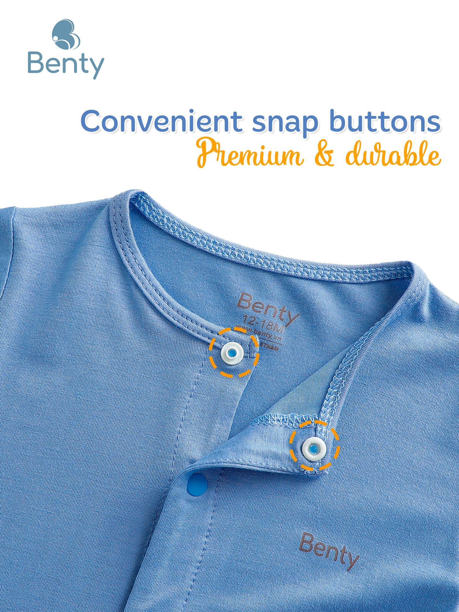 BENTY soft short-sleeved bodysuit with center snaps, skin-safe