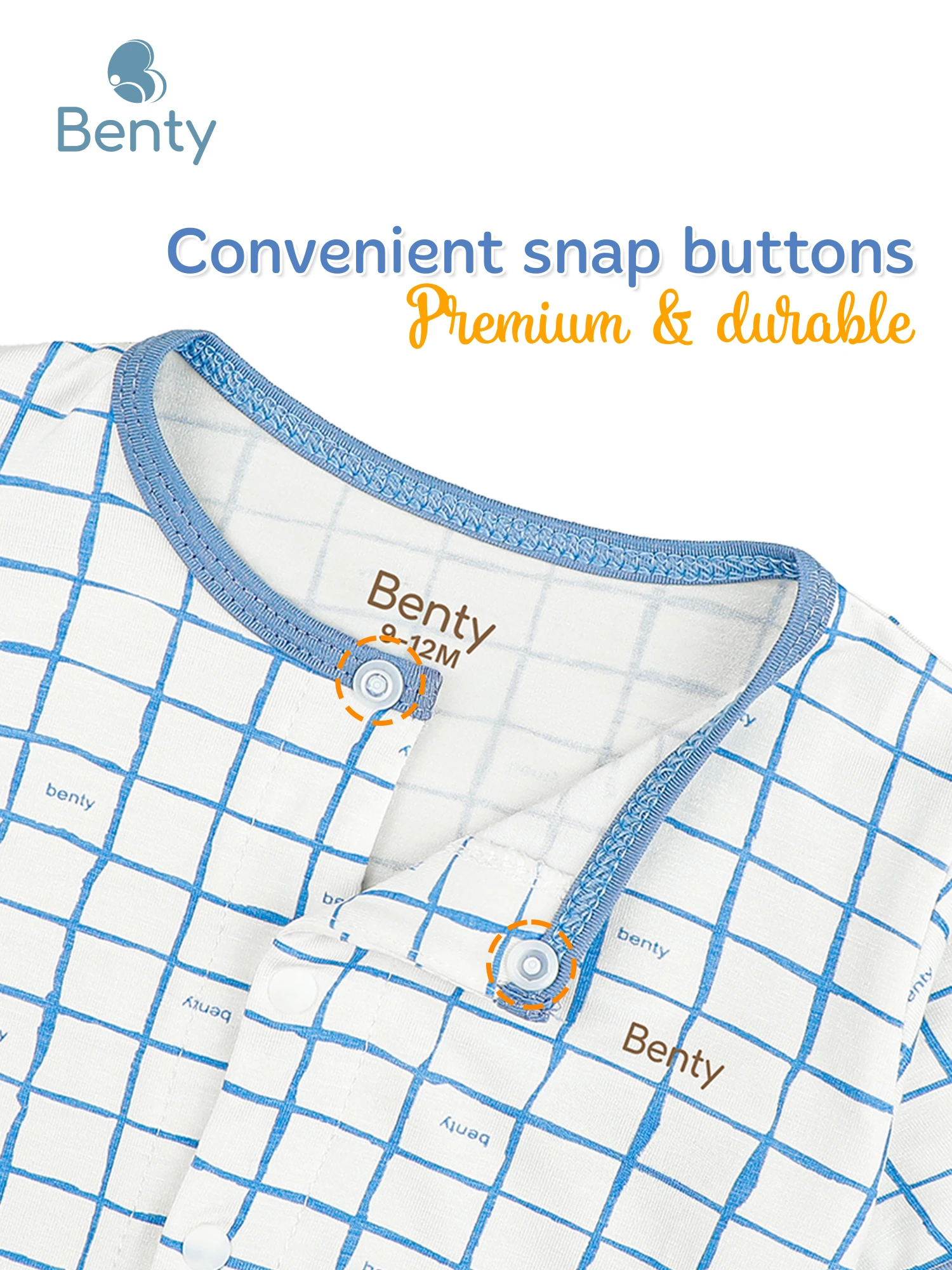 BENTY soft short-sleeved bodysuit with center snap and check pattern
