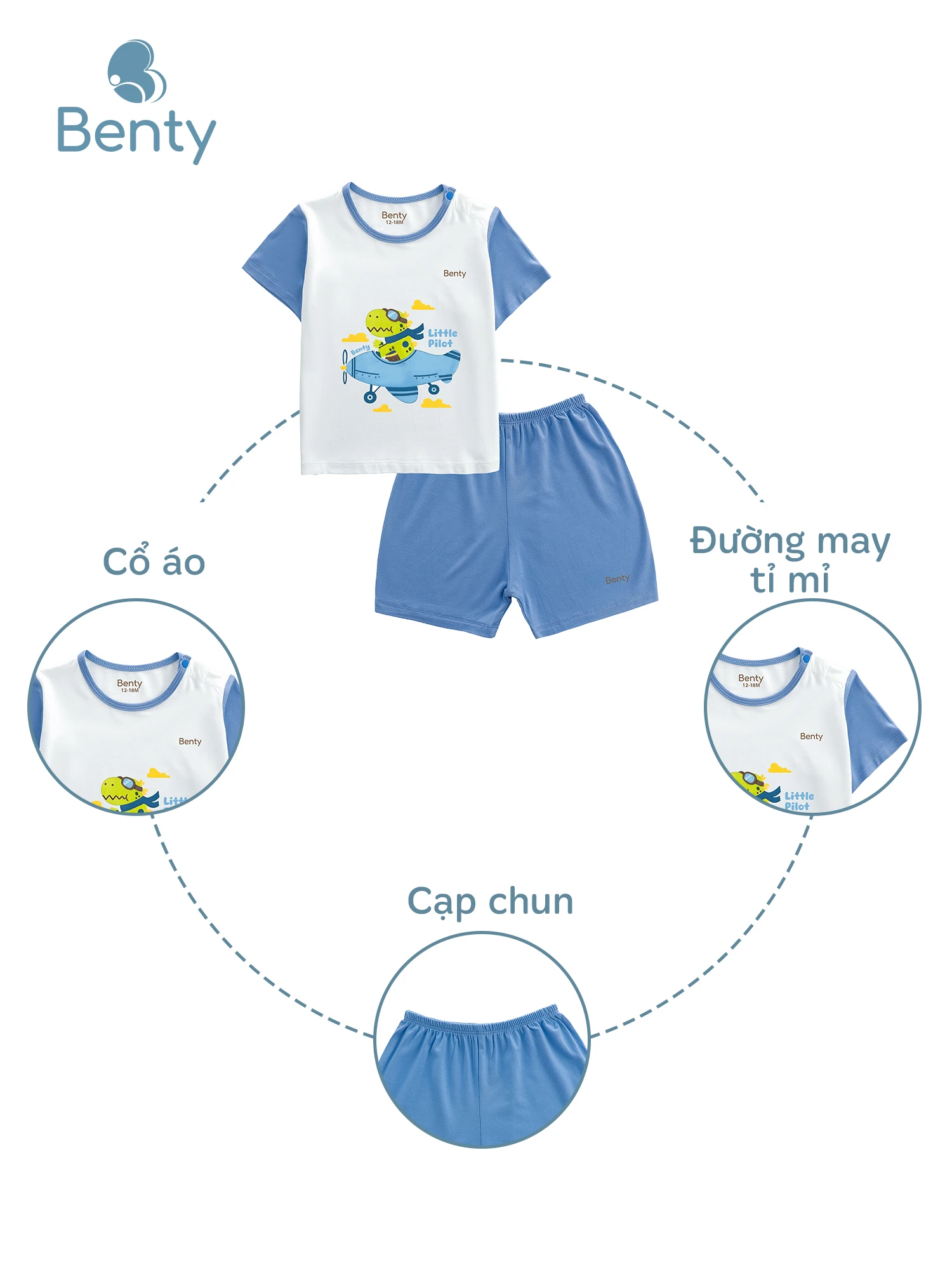 Bộ cộc tay BENTY in BT131 cài vai, đồ bộ cao cấp an toàn cho bé