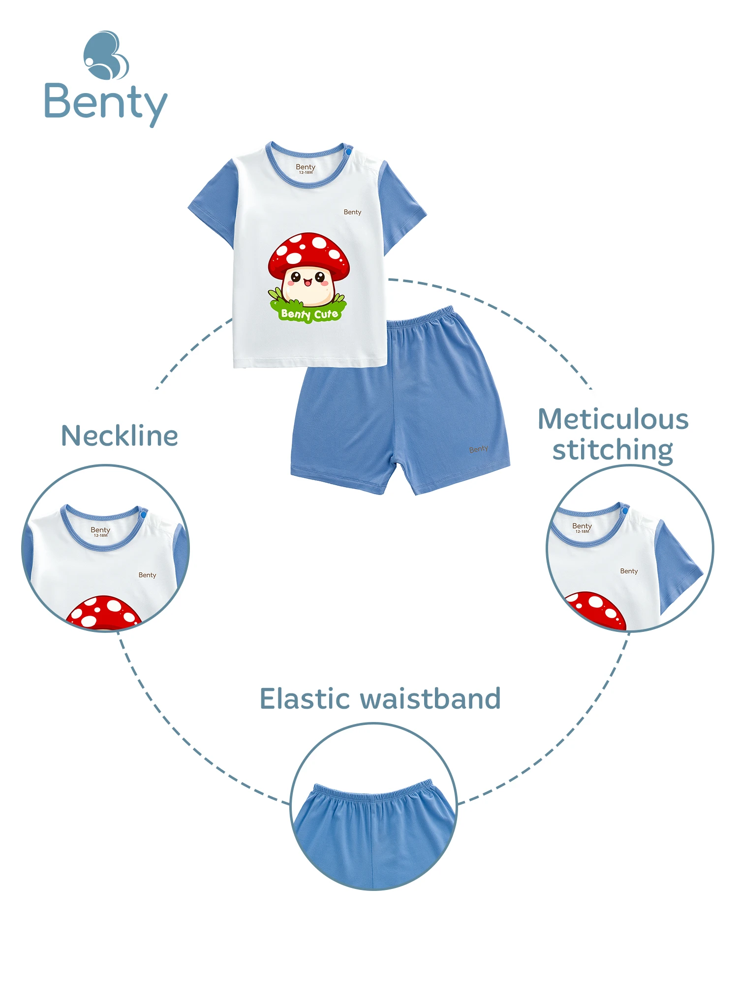 BENTY BT129 short sleeve mushroom print outfit, soft and smooth fabric