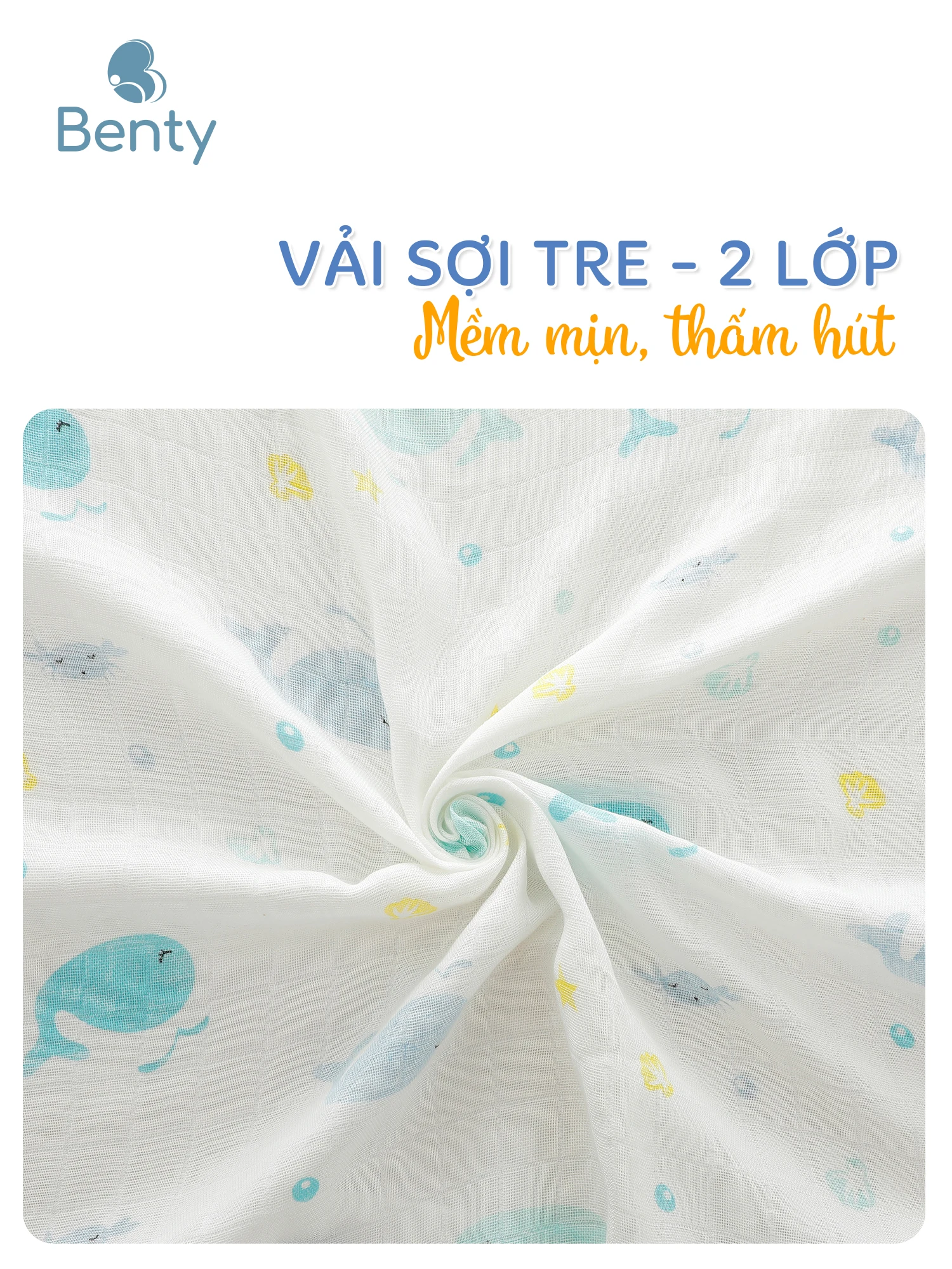 Khăn tắm BENTY họa tiết cho bé, chất vải sợi tre cao cấp set 2 khăn tiện lợi