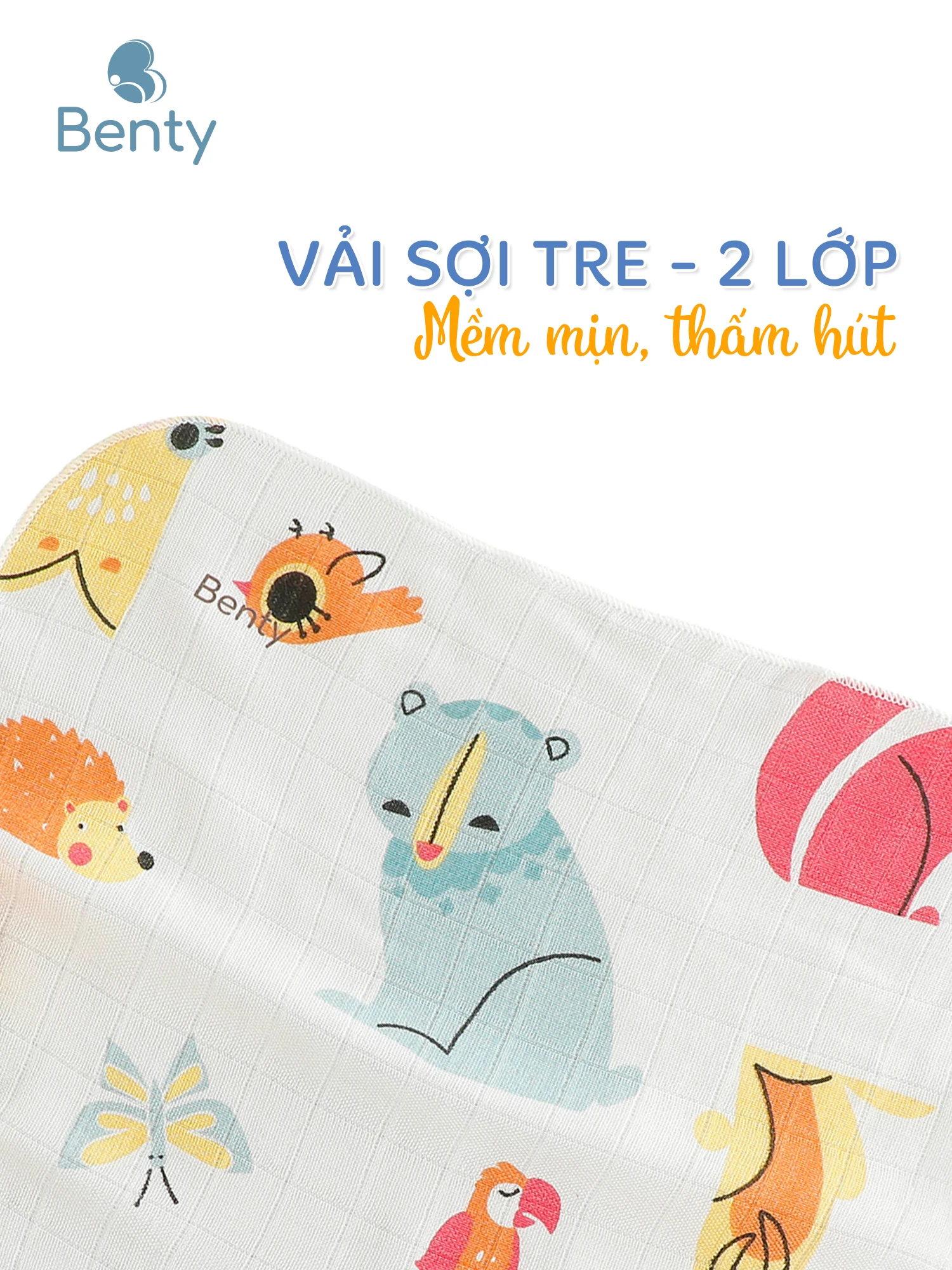 Khăn sữa Benty họa tiết, chất vải sợi tre mềm, mịn combo 5 khăn an toàn