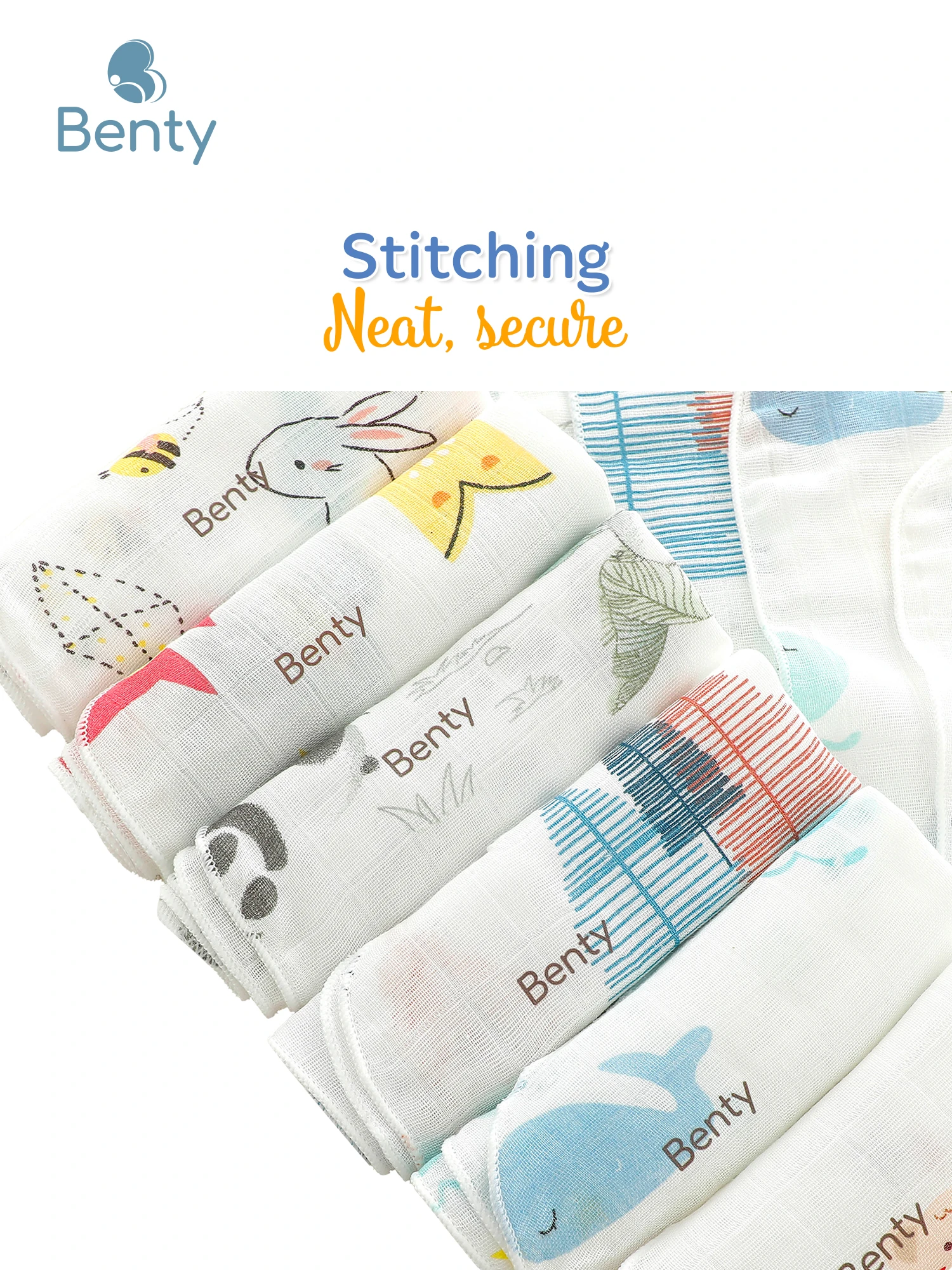 Benty patterned baby washcloths, soft & gentle, safe 5-pack