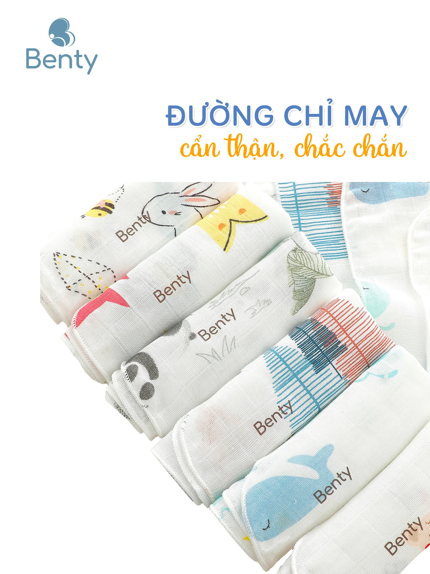 Khăn sữa Benty họa tiết, chất vải sợi tre mềm, mịn combo 5 khăn an toàn