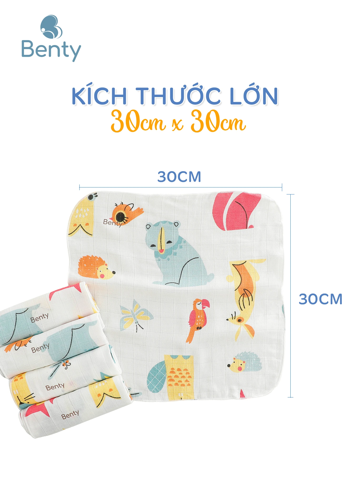 Khăn sữa Benty họa tiết, chất vải sợi tre mềm, mịn combo 5 khăn an toàn