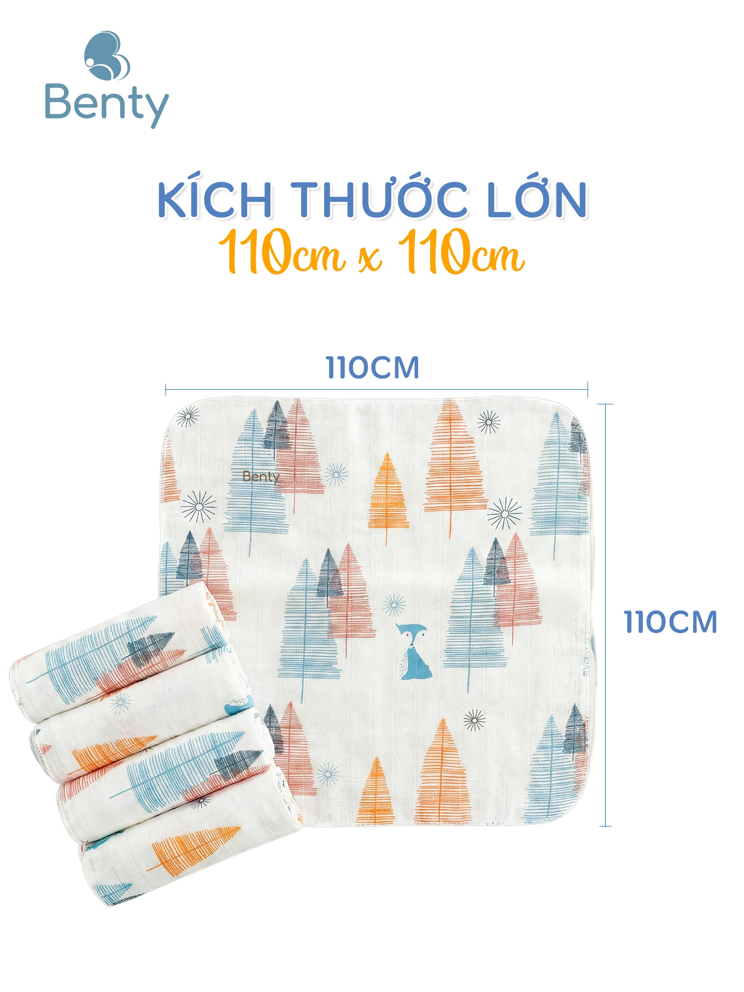 Khăn đa năng BENTY họa tiết cho bé, kích thước lớn 110x110Cm tiện lợi